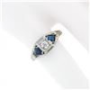 Image 3 : Antique Art Deco 18k White Gold .22 ctw Round Diamond Shield Sapphire 3 Stone Ri