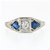 Image 4 : Antique Art Deco 18k White Gold .22 ctw Round Diamond Shield Sapphire 3 Stone Ri