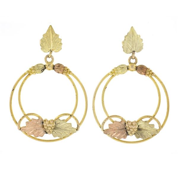 10k Two Tone Gold Etched Textured Grape Leaf Open Circle Drop Dangle Earrings