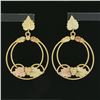 Image 2 : 10k Two Tone Gold Etched Textured Grape Leaf Open Circle Drop Dangle Earrings