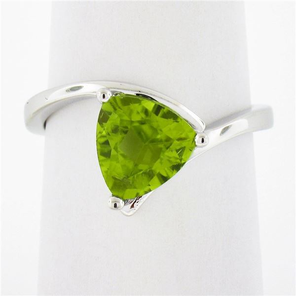 14k White Gold 1.83cw Prong Set Trillion Cut Peridot Solitaire Bypass Ring