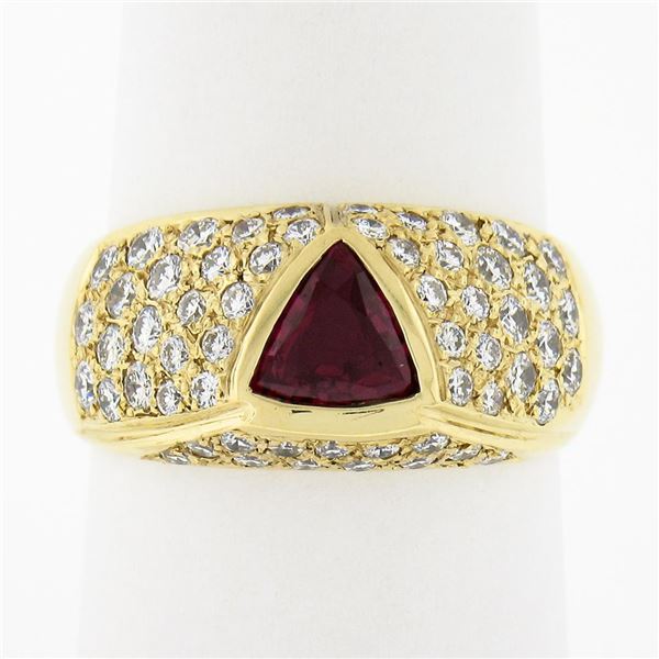 18K Yellow Gold GIA Bezel Triangular Ruby Solitaire Pave Diamond Dome Band Ring