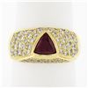 Image 1 : 18K Yellow Gold GIA Bezel Triangular Ruby Solitaire Pave Diamond Dome Band Ring