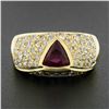Image 2 : 18K Yellow Gold GIA Bezel Triangular Ruby Solitaire Pave Diamond Dome Band Ring