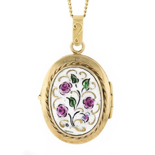 Vintage 14k Yellow Gold Hand Painted Enamel Flower Oval Locket Pendant & Chain