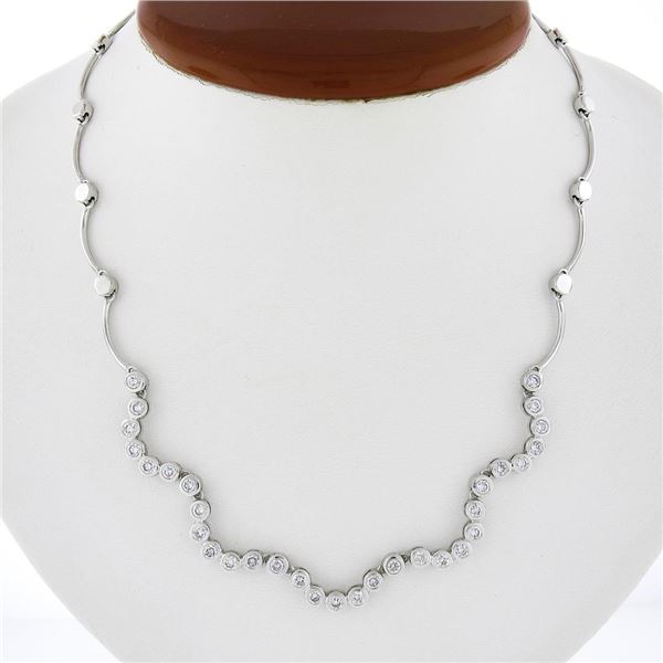 14K White Gold 16.5" 2.50 ctw Round Brilliant Bezel Diamond Wavy Link Necklace