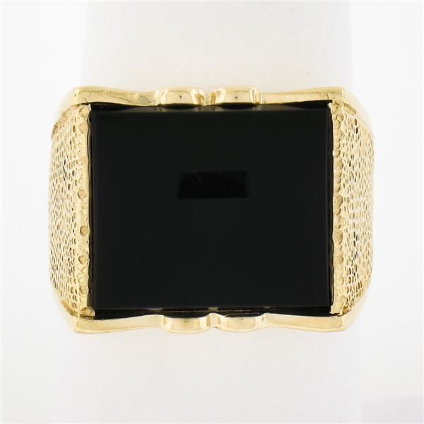 Men's Vintage 14K Yellow Gold Rectangular Black Onyx w/ Textured Sides Wide Ring
