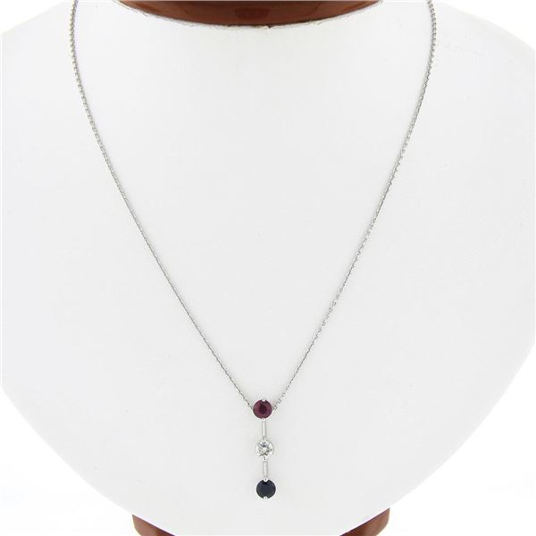 18k White Gold 1.38 ctw Round Prong Ruby Diamond Sapphire Bar Pendant & 14k Chai