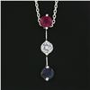 Image 3 : 18k White Gold 1.38 ctw Round Prong Ruby Diamond Sapphire Bar Pendant & 14k Chai