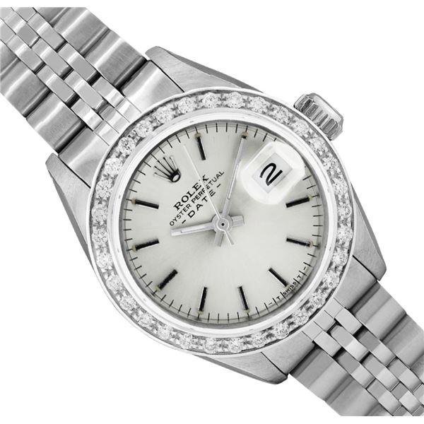 Rolex Ladies Stainless Steel Silver Index Diamond Bezel Date Wristwatch