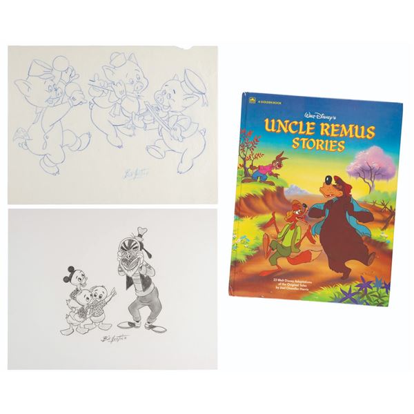 A Signed Uncle Remus Golden Book and Pair of Bill Justice Drawings.