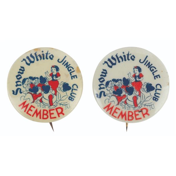A Pair of Snow White Jingle Club Member Buttons.