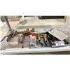 Image 2 : ASSORTED COMMERCIAL FLOW VALVES & PLASTIC BIN OF VARIOUS GLASS STORAGE BOTTLES *BIN INCLUDED*