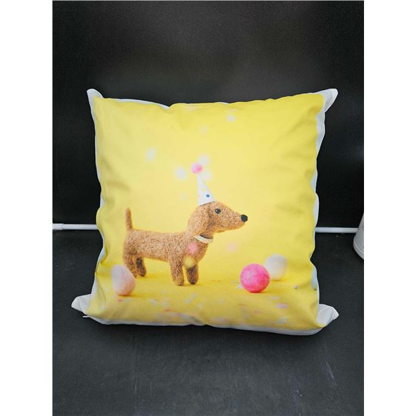 Happy Yellow Party Hat Dog Decorative Printed Pillow