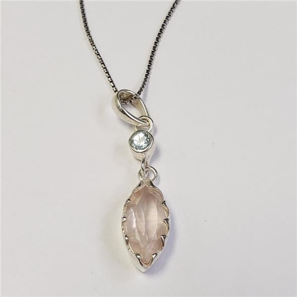 Silver Rose Quartz And Blue Topaz 18" Necklace, Suggested Retail Value $160