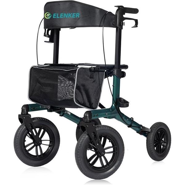 ELENKER All-Terrain Rollator Walker with Non-Pneumatic Tire 10” Front Rubber Wheels, Compac