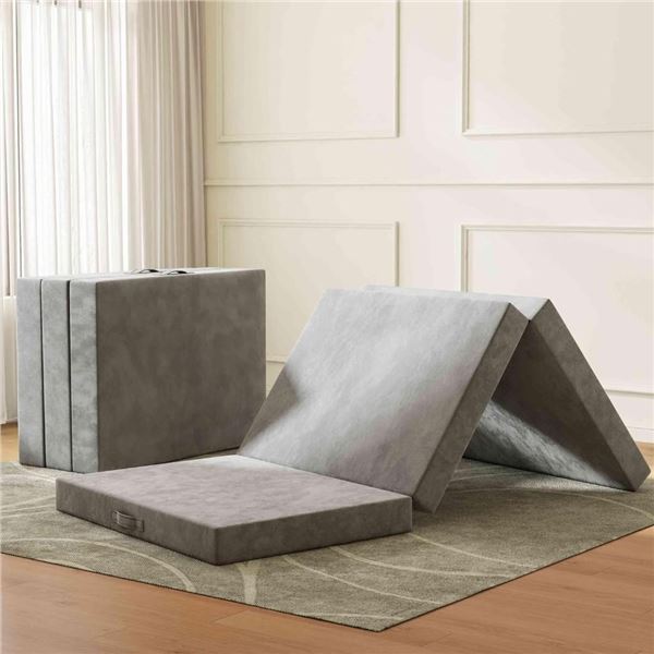 PurrJoys Foldable Full Topper, 4 Inch Tri-Folding Memory Foam Topper with Carry Handle, Washable Cov