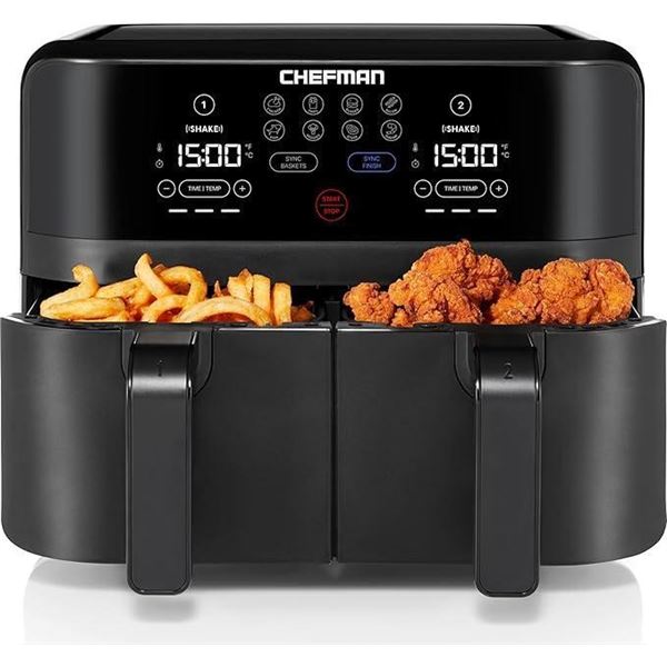 Chefman TurboFry 9-Qt. Dual-Basket Air Fryer with Sync Finish, One-Touch Digital Control, & Shake Re