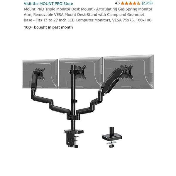 Mount PRO Triple Monitor Desk Mount - Articulating Gas Spring Monitor Arm, Removable VESA Mount Desk