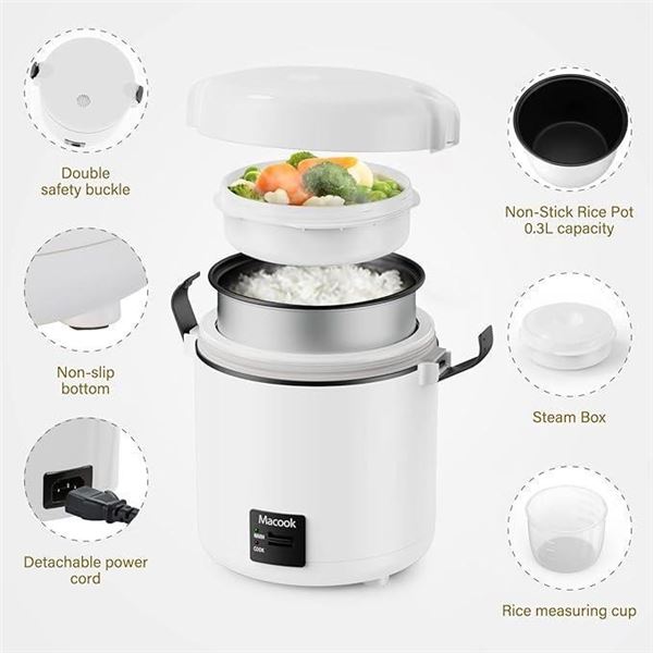 Macook Mini Rice Cooker 1-1.5 Cups Uncooked(3 Cups Cooked), Rice  Cooker Small with Bento Box, Remov