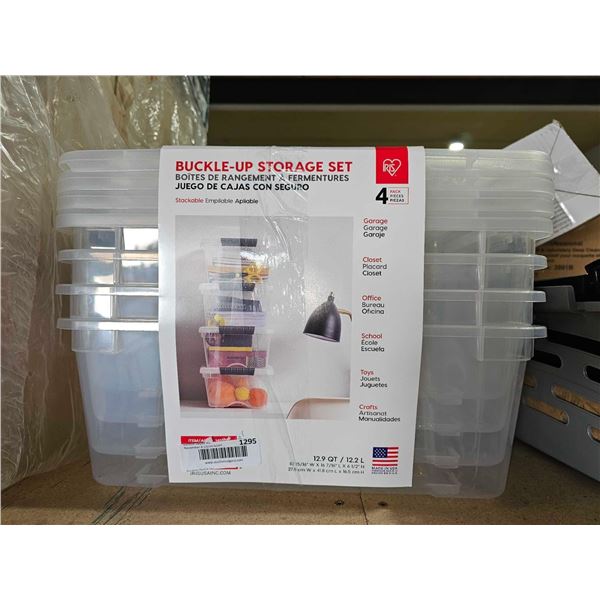Buckle Up Storage Set - 4 Bin Set with Lids - Note minor damage to side of one container & Lid