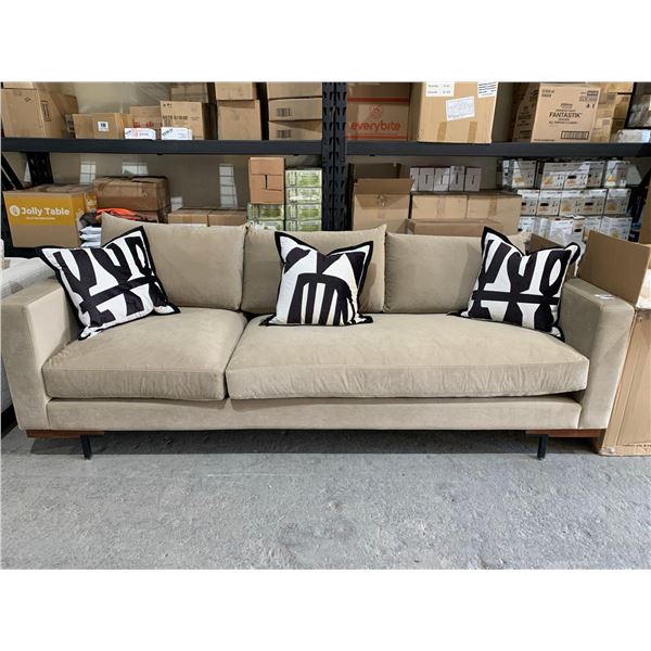 Velour Style Sofa 101" x 38" Tan with 3 Throw Pillows