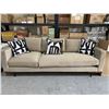 Image 1 : Velour Style Sofa 101" x 38" Tan with 3 Throw Pillows