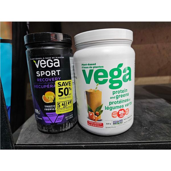 Lot of 2 - Vega Protein Powder Salted Caramel510g & Vega Sport Recovery Drink Tropical Fruit Flavor 