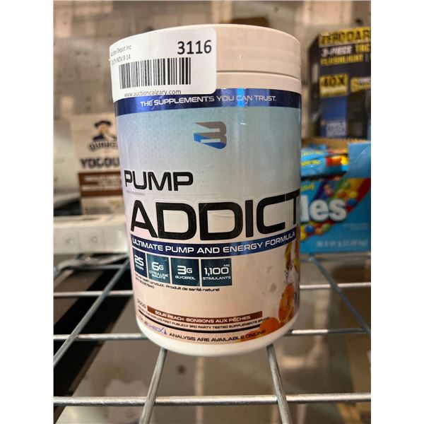 Pump Addict pre workout drink mix, sour peach flavor