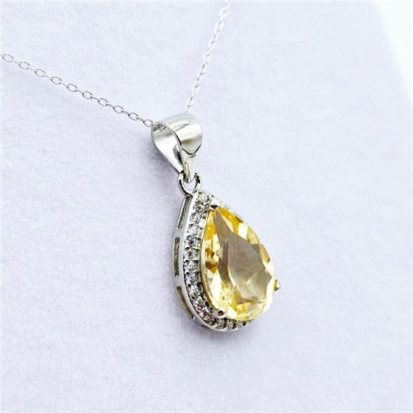 Sterling Silver Natural Citrine Quartz (4ct) and CZ (0.25ct) Pendant With Sterling Silver Chain, W/A