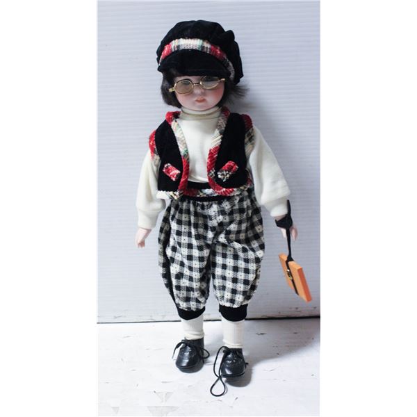 PORCELIN DOLL BRUNETTE - GLASSES, BLACK AND WHITE