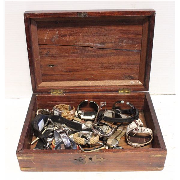 ANTIQUE WOOD BOX FULL OF ESTATE WATCHES-ESTATE