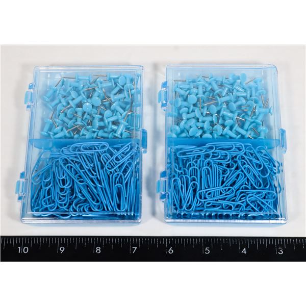 TWO NEW BLUE PUSH PIN AND PAPER CLIP SETS