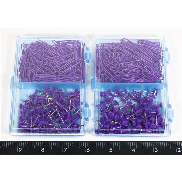 TWO NEW PURPLE PUSH PIN AND PAPER CLIP SETS
