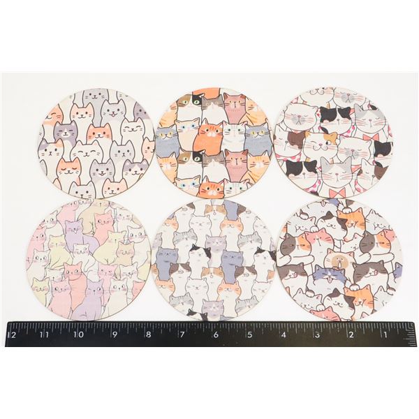 NEW 6PC FUNNY CATS WOOD COASTER SET