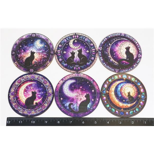 NEW 6PC NIGHT CATS WOOD COASTER SET