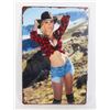 NEW COWGIRL IN RED AND BLACK PLAID METAL SIGN