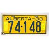 1933 ALBERTA LICENSE PLATE