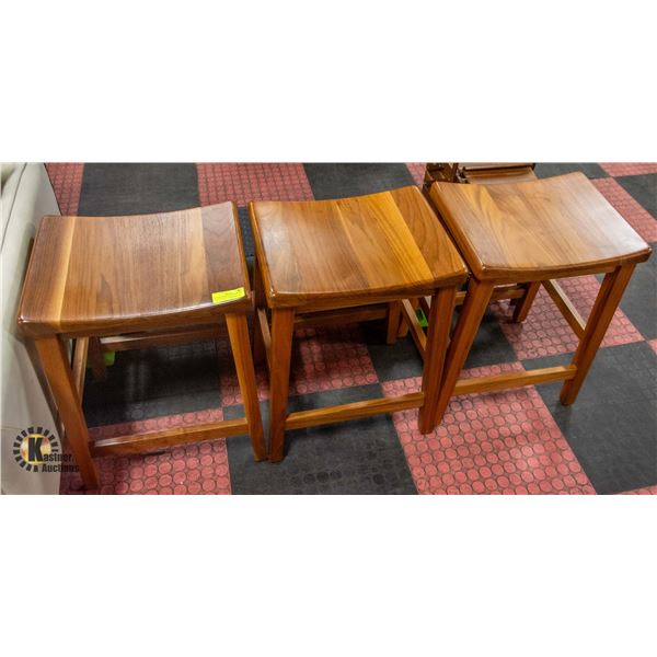 SET OF 3 MATCHING SOLID WOOD CURVED SEAT STOOLS