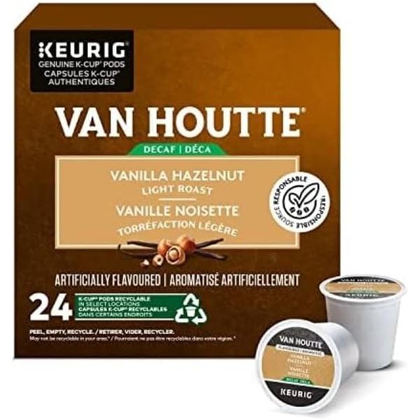 NEW CASE OF 24 PACKS VAN HOUTTE VANILLA HAZELNUT