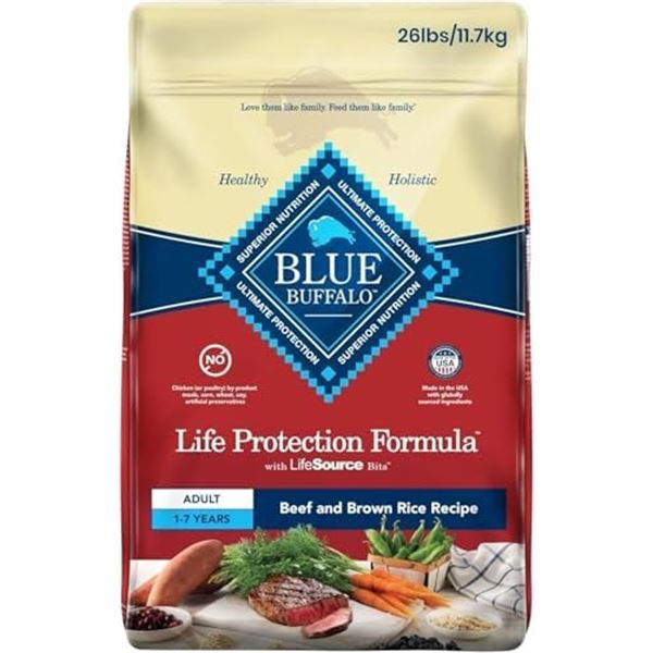 NEW 26LBS BLUE BUFFALO BEEF & BROWN RICE DOG FOOD