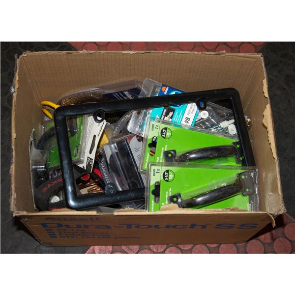 BOX OF MISC HARDWARE AND OTHER GARAGE ITEMS