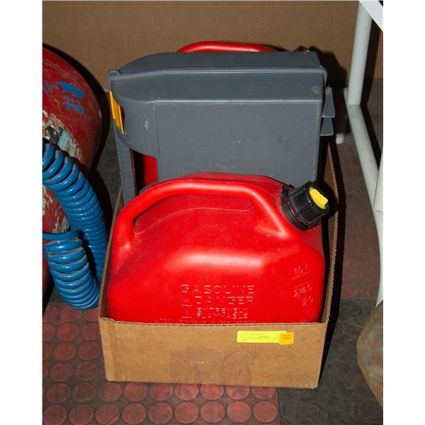TWO 10 LITER JERRY CANS AND TOOL BOX