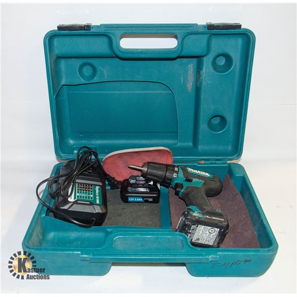 MAKITA DRILL CXT WITH CHARGERS, AND TWO BATTERIES