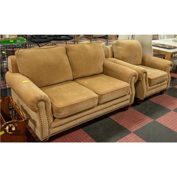 STUDDED FABRIC LOVESEAT AND CHAIR