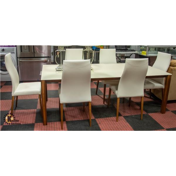 FROSTED TEMPERED GLASS DINING TABLE WITH 6 WHITE