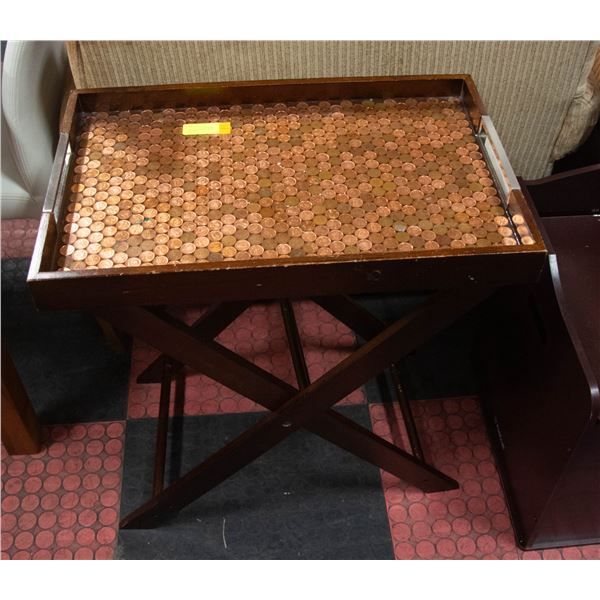 VINTAGE PENNY IN EPOXY TOPPED WOOD SERVING