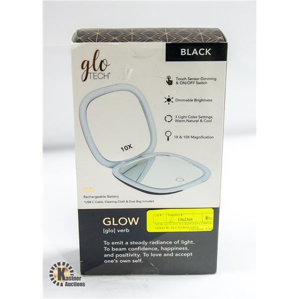 NEW GLO TECH LIGHTED COMPACT MIRROR, RECHARGEABLE