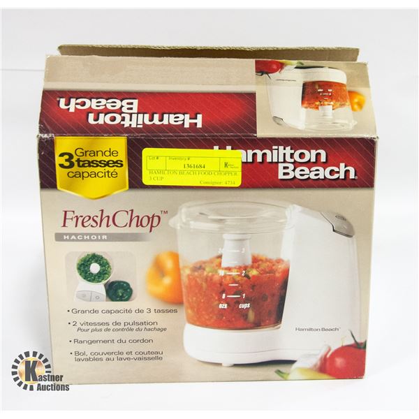 OPENED BOX HAMILTON BEACH FOOD CHOPPER. 3 CUP