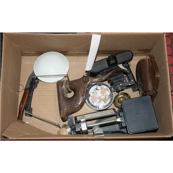 VINTAGE TRINKETS INCLUDES CAMERA, KNIFE AND MORE